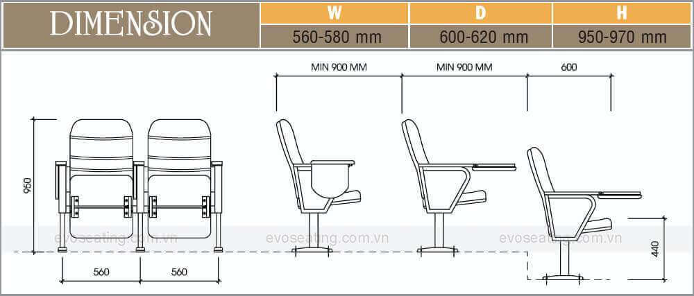 <span style="color: #000000;">Cấu tạo của ghế hội trường Evo Seating bàn viết</span>