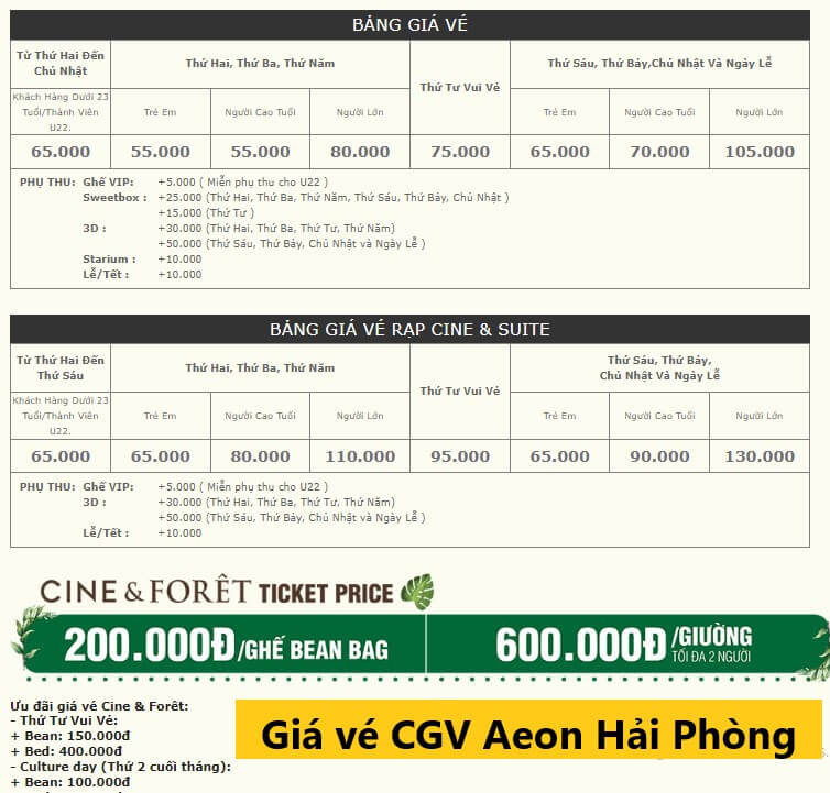 Giá vé CGV Aeon Mall Hải Phòng